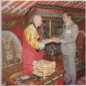 Presenting I.F.R. publications to the Asian Buddhist Conference for Peace at the Mangolian traditional Reception.