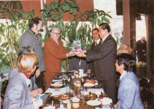 World Peace Envoy presenting gifts to Mr. Paul D. Oyer, Planning Officier,and International Peace and Justice Committee of Interfaith Conference of Metropolitan Washington (Nov. 7,1980).